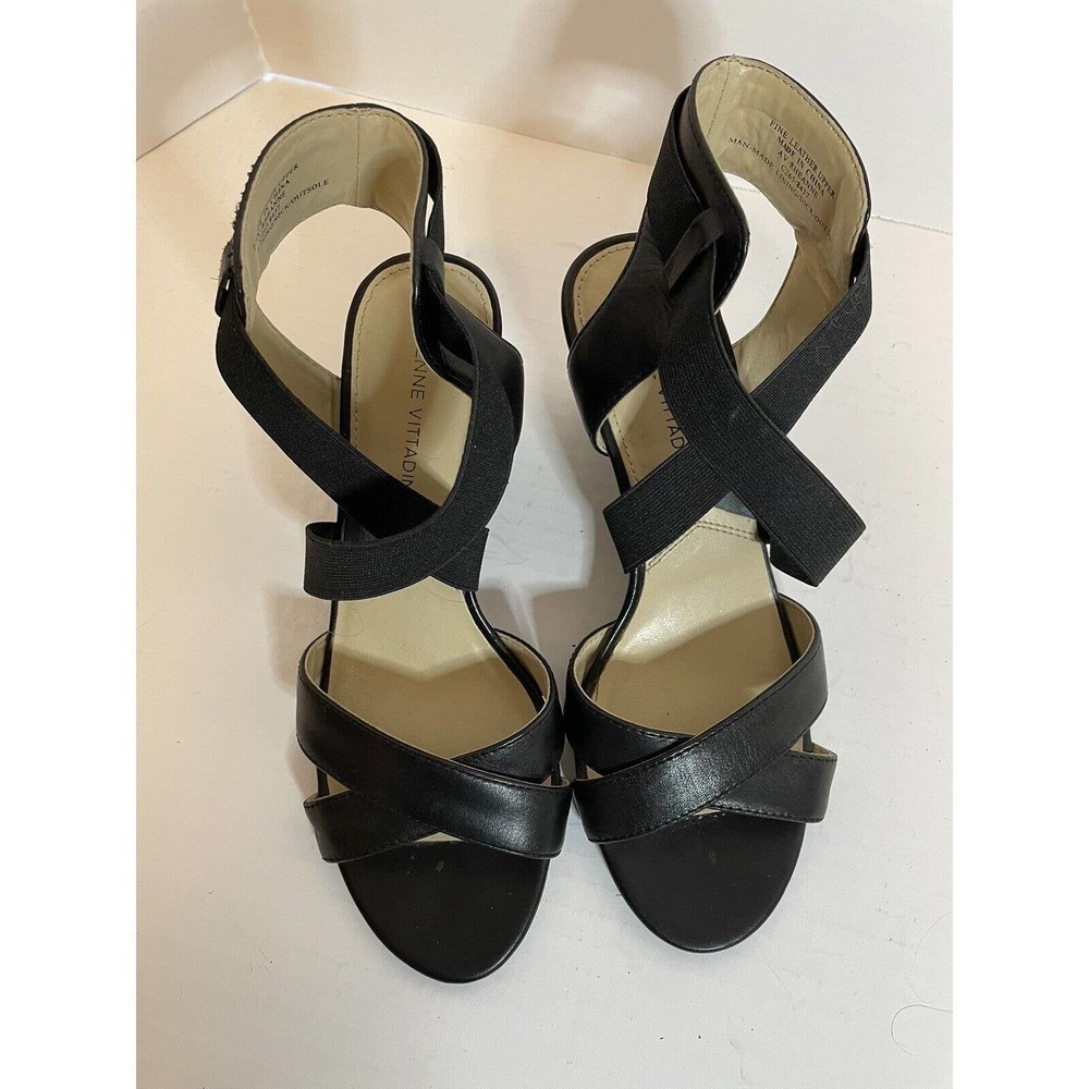Adrienne Vittadini Woman’s Black Open Toe Wedge Sandals Elastic Slip On 6 Shoes